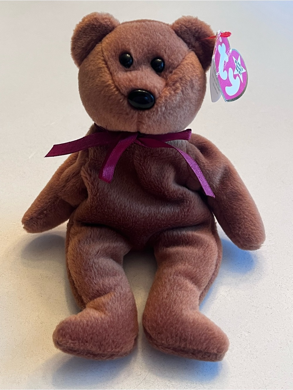 Ty Teddy Brown Beanie Baby Bear with Burgundy Ribbon
